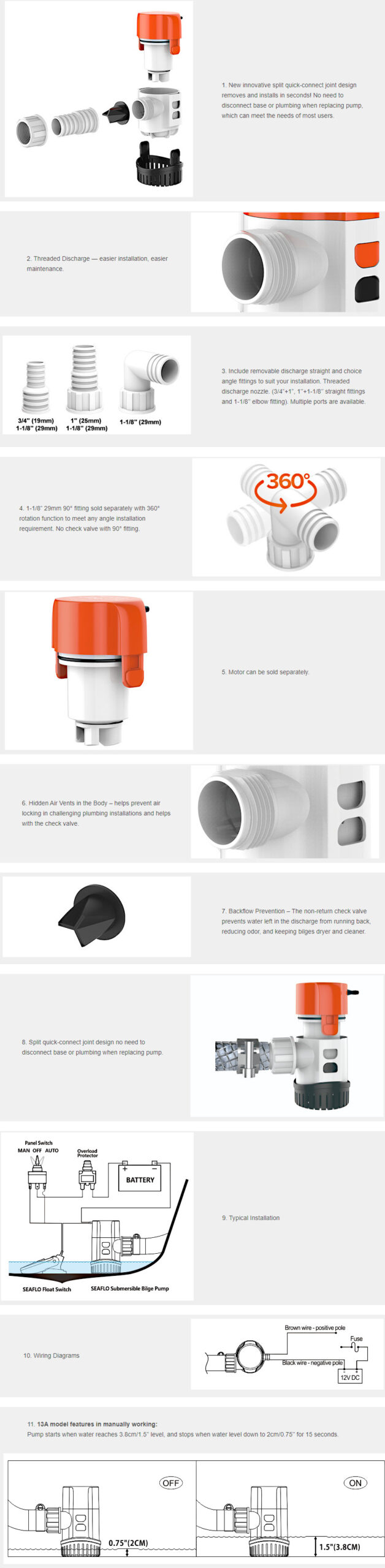 Bilgepomp 12v 4160L (1100 GPH) – middelgrote dompelpomp – slang aansluiting 25mm, 29mm - Afbeelding 6